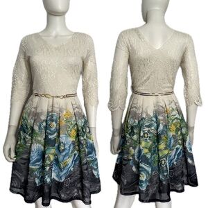 Knee-Length‎ Elegant Dress Lace Bodice/Floral Print Chiffon Pleated Skirt Belted